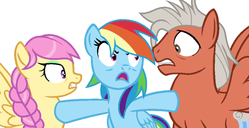 Size: 967x500 | Tagged: safe, artist:berrypunchrules, banned from derpibooru, deleted from derpibooru, derpibooru import, rainbow dash, oc, oc:angel pulse, oc:shortstack outflow, pegasus, pony, simple background