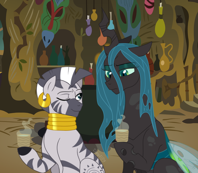 Size: 800x700 | Tagged: safe, artist:dunefilly, banned from derpibooru, deleted from derpibooru, derpibooru import, queen chrysalis, zecora, changeling, zebra, cauldron, crack shipping, drink, former queen chrysalis, hoof hold, mug, one eye closed, redemption, shipping, smiling, wink, zecoralis, zecora's hut