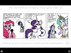 Size: 2048x1536 | Tagged: safe, artist:gingerfoxy, banned from derpibooru, deleted from derpibooru, derpibooru import, pinkie pie, princess celestia, rarity, alicorn, pony, unicorn, pony comic generator, comic