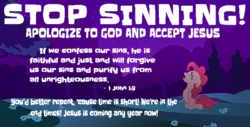 Size: 1920x976 | Tagged: safe, banned from derpibooru, deleted from derpibooru, derpibooru import, edit, edited screencap, screencap, pinkie pie, earth pony, pony, bible verse, caption, christianity, confession, crying, downvote bait, end times, female, image macro, jesus christ, mare, meme, mouthpiece, politics, religion, solo, text