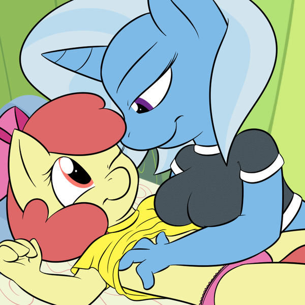 Size: 800x800 | Tagged: questionable, artist:lamia, banned from derpibooru, deleted from derpibooru, derpibooru import, apple bloom, trixie, anthro, age difference, breasts, clothes, female, grope, image, lesbian, lolicon, mare on filly, panties, png, shipping, trixiebloom, underage, underwear
