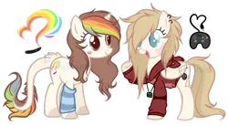 Size: 1024x565 | Tagged: safe, artist:lullabyprince, banned from derpibooru, deleted from derpibooru, derpibooru import, oc, oc:color heart, oc:giggle games, unofficial characters only, classical unicorn, pegasus, pony, unicorn, base used, clothes, cloven hooves, colored pupils, cutie mark, female, heart, hoodie, jewelry, leonine tail, mare, necklace, open mouth, simple background, smiling, transparent background, unshorn fetlocks