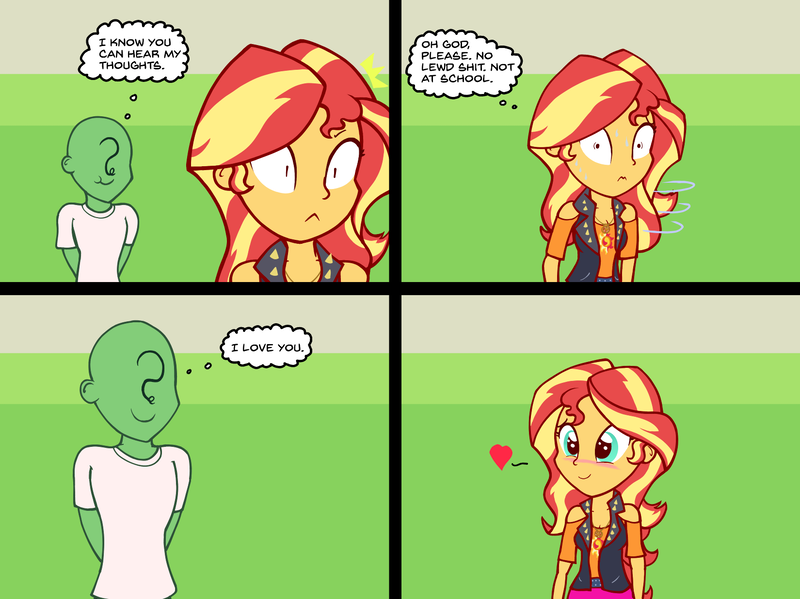 Size: 1650x1236 | Tagged: safe, artist:zharkaer, banned from derpibooru, deleted from derpibooru, derpibooru import, sunset shimmer, oc, oc:anon, human, equestria girls, equestria girls series, overpowered (equestria girls), 4koma, blushing, comic, cute, daaaaaaaaaaaw, geode of empathy, heart, magical geodes, sweat, thought bubble, vulgar, worried