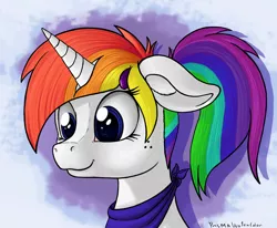 Size: 2500x2064 | Tagged: safe, artist:prismawatercolor, banned from derpibooru, deleted from derpibooru, derpibooru import, oc, oc:prisma watercolor, unofficial characters only, alicorn, alicorn oc, bandana, freckles, happy, horn, multicolored hair, ponytail, rainbow hair, smiling, solo, wings