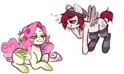 Size: 700x421 | Tagged: safe, artist:lullabyprince, banned from derpibooru, deleted from derpibooru, derpibooru import, oc, oc:petunia, oc:sweet stitches, unofficial characters only, pegasus, clothes, colored wings, female, heart, mare, multicolored wings, prone, simple background, socks, striped socks, tongue out, transparent background, wings