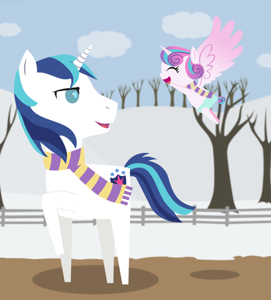 Size: 750x828 | Tagged: safe, artist:ginkadia, banned from derpibooru, deleted from derpibooru, derpibooru import, princess flurry heart, shining armor, clothes, cute, father and child, father and daughter, female, fence, flurrybetes, male, scarf, snow, tree, winter