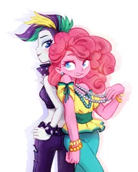 Size: 960x1194 | Tagged: safe, artist:jumblehorse, banned from derpibooru, deleted from derpibooru, derpibooru import, pinkie pie, rarity, equestria girls, it isn't the mane thing about you, alternate hairstyle, beautiful, bracelet, clothes, eyeshadow, female, hand on hip, jacket, jewelry, leather jacket, lesbian, looking at each other, looking back, makeup, mohawk, necklace, poofy pie, punk, raripie, raripunk, shipping, short hair, simple background, smiling, smirk, spiked wristband, white background, wristband