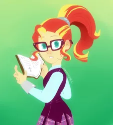 Size: 1000x1100 | Tagged: safe, artist:norman5452, banned from derpibooru, deleted from derpibooru, derpibooru import, edit, sunset shimmer, equestria girls, book, christian sunset shimmer, christianity, clothes, clothes swap, crystal prep academy uniform, glasses, looking at you, nerd, ponytail, religion, school uniform, solo