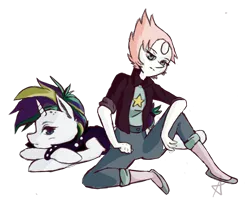 Size: 1200x1000 | Tagged: safe, artist:wintershibe, banned from derpibooru, deleted from derpibooru, derpibooru import, rarity, pony, unicorn, alternate hairstyle, clothes, crossover, duo, image, jacket, pearl (steven universe), png, punk, raripunk, short hair, simple background, steven universe, transparent background