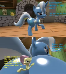Size: 1280x1440 | Tagged: suggestive, artist:steelclaw, banned from derpibooru, deleted from derpibooru, derpibooru import, fluttershy, trixie, 3d, butt, butt crack, crack, expansion, flank, fluttershy's cottage, implied farting, inflation, kitchen, micro, nudity, plot, shrink, source filmmaker, stuck, the great and powerful ass