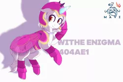 Size: 1482x988 | Tagged: safe, artist:zaldia-mavi, banned from derpibooru, deleted from derpibooru, derpibooru import, oc, oc:withe enigma 404ae1, unofficial characters only, horse, pony, armor, enigma, full body, my little pony, original character do not steal, pink, project:zaldia mavi, solo, withe