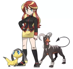 Size: 887x836 | Tagged: safe, artist:kianamai, artist:sturk-fontaine, banned from derpibooru, deleted from derpibooru, derpibooru import, sunset shimmer, helioptile, houndoom, equestria girls, boots, clothes, jacket, pokémon, shoes, skirt