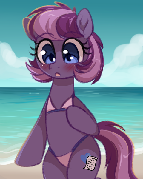 Size: 1665x2084 | Tagged: suggestive, artist:verawitch, banned from derpibooru, deleted from derpibooru, derpibooru import, oc, oc:lavender vows, unofficial characters only, crystal pony, earth pony, pony, beach, bikini, blushing, clothes, female, gift art, mare, solo, swimsuit, water