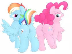 Size: 2593x1972 | Tagged: suggestive, artist:onlytheponies, banned from derpibooru, deleted from derpibooru, derpibooru import, pinkie pie, rainbow dash, butt, chest fluff, featureless crotch, lidded eyes, plot, plot pair, simple background, white background