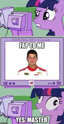 Size: 500x959 | Tagged: suggestive, banned from derpibooru, deleted from derpibooru, derpibooru import, twilight sparkle, bow to reed sorenson, exploitable meme, masturbation, meme, nascar, nightmare fuel, not salmon, obligatory pony, reed sorenson, tv meme, wat, why, why dave why, wtf