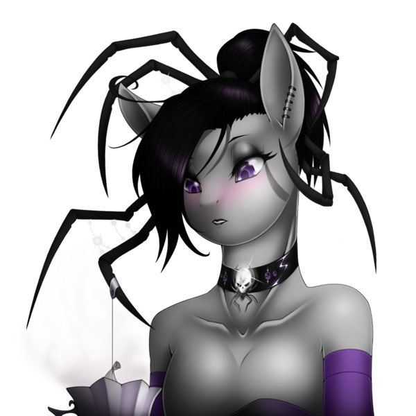 Size: 1500x1500 | Tagged: safe, artist:lilith, banned from derpibooru, deleted from derpibooru, derpibooru import, oc, oc:lethia, unofficial characters only, anthro, original species, choker, collar, cup, female, food, jorogumo, jorogumo pony, piercing, poisonous, solo, spider web, tea, tea bag, teacup