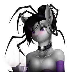 Size: 1500x1500 | Tagged: safe, artist:lilith, banned from derpibooru, deleted from derpibooru, derpibooru import, oc, oc:lethia, unofficial characters only, anthro, original species, choker, collar, cup, female, food, jorogumo, jorogumo pony, piercing, poisonous, solo, spider web, tea, tea bag, teacup