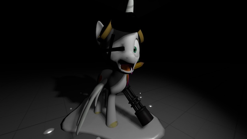 Size: 1280x720 | Tagged: safe, artist:steelclaw, banned from derpibooru, deleted from derpibooru, derpibooru import, oc, oc:lightning bliss, unofficial characters only, alicorn, 3d, bendy and the ink machine, butchered, butcher gang, creepy, goggles, halloween, heavy weapons guy, holiday, minigun, no tail, pencil, reviewer, sasha, solo, source filmmaker, x eyes