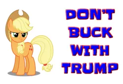 Size: 935x645 | Tagged: safe, artist:trini-mite, banned from derpibooru, deleted from derpibooru, derpibooru import, applejack, earth pony, pony, angry, cowboy hat, donald trump, downvote bait, female, hat, mare, mouthpiece, politics, simple background, solo, vector, white background