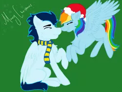 Size: 1024x768 | Tagged: safe, artist:soarindash, banned from derpibooru, deleted from derpibooru, derpibooru import, rainbow dash, soarin', pegasus, pony, christmas, clothes, female, hat, holiday, male, nuzzles, scarf, shipping, simple background, soarindash, straight