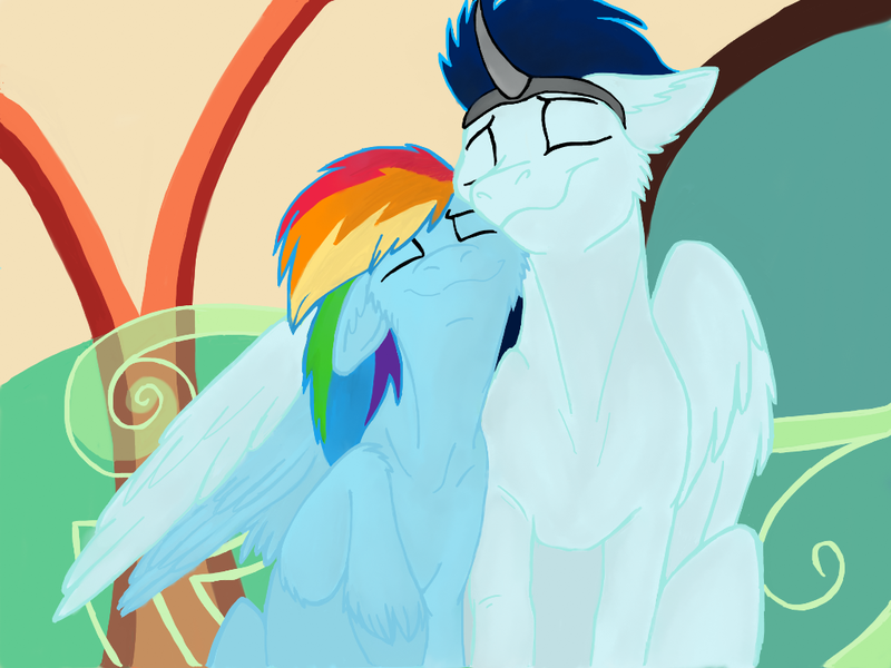 Size: 1024x768 | Tagged: safe, artist:soarindash, banned from derpibooru, deleted from derpibooru, derpibooru import, rainbow dash, soarin', pegasus, pony, fanfic:piercing the heavens, cuddling, female, male, shipping, soarindash, straight