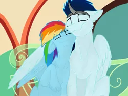 Size: 1024x768 | Tagged: safe, artist:soarindash, banned from derpibooru, deleted from derpibooru, derpibooru import, rainbow dash, soarin', pegasus, pony, fanfic:piercing the heavens, cuddling, female, male, shipping, soarindash, straight