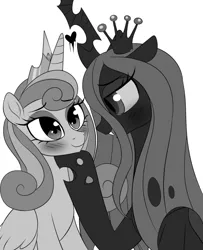 Size: 800x985 | Tagged: safe, artist:verawitch, banned from derpibooru, deleted from derpibooru, derpibooru import, princess flurry heart, queen chrysalis, blushing, crack shipping, female, flurryalis, grayscale, heart, inktober, lesbian, mare, monochrome, older, shipping
