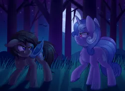 Size: 1688x1228 | Tagged: safe, artist:thegamblehorse, banned from derpibooru, deleted from derpibooru, derpibooru import, oc, oc:seachell, unofficial characters only, bat pony, pony, unicorn, bat pony oc, bat wings, female, forest, full moon, looking at each other, mare, moon, night, serious, serious face, tree, wings