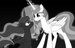 Size: 1300x829 | Tagged: safe, artist:verawitch, banned from derpibooru, deleted from derpibooru, derpibooru import, princess celestia, princess luna, alicorn, pony, black background, female, grayscale, inktober, magic, mare, monochrome, royal sisters, simple background, sparring, sword, telekinesis, weapon