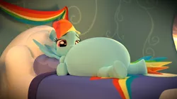 Size: 3840x2160 | Tagged: suggestive, artist:kurro, banned from derpibooru, deleted from derpibooru, derpibooru import, rainbow dash, 3d, bed, belly, big belly, blender, fat, female, laying on bed, lying, on back, on bed, rainblob dash, rainbow dash's house, solo, solo female, spread wings, wings