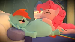 Size: 3840x2160 | Tagged: suggestive, artist:kurro, banned from derpibooru, deleted from derpibooru, derpibooru import, pinkie pie, rainbow dash, 3d, bed, belly, big belly, blender, cuddling, duo, duo female, eyes closed, fat, female, laying on bed, lying, lying on top of someone, on back, on bed, rainblob dash, rainbow dash's house, spread wings, wings