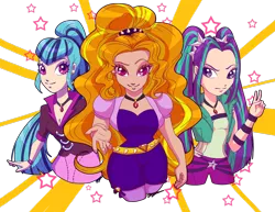 Size: 1280x989 | Tagged: safe, artist:xxcommandershepardxx, banned from derpibooru, deleted from derpibooru, derpibooru import, adagio dazzle, aria blaze, sonata dusk, equestria girls, female, human coloration, looking at you, peace sign, simple background, smiling, stars, sunburst background, the dazzlings, transparent background