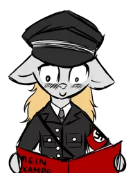 Size: 1024x1330 | Tagged: safe, artist:einzie, banned from derpibooru, deleted from derpibooru, derpibooru import, oc, oc:vicky turner, unofficial characters only, unicorn, armband, blushing, book, clothes, female, floppy ears, hat, hate, mein kampf, military uniform, nazi, nazi armband, necktie, peaked cap, reading, schutzstaffel, swastika, uniform