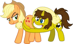 Size: 9069x5403 | Tagged: suggestive, alternate version, artist:nupiethehero, banned from derpibooru, deleted from derpibooru, derpibooru import, applejack, oc, oc:cyber gamer, unicorn, shadow play, butt touch, butthug, canon x oc, female, gift art, hug, male, pinkie hugging applejack's butt, simple background, straight, transparent background