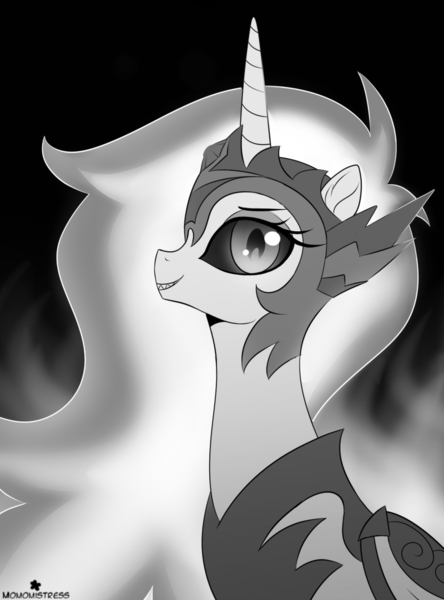 Size: 800x1082 | Tagged: safe, artist:verawitch, banned from derpibooru, deleted from derpibooru, derpibooru import, daybreaker, alicorn, pony, female, grayscale, looking at you, mare, monochrome, smiling, solo