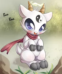 Size: 3263x3901 | Tagged: safe, artist:aryanne, banned from derpibooru, deleted from derpibooru, derpibooru import, oc, goat, blushing, buddhism, clothes, cute, electricity, female, grass, horns, pokémon, rock, scarf, sitting, split hooves