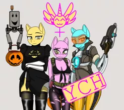 Size: 1498x1324 | Tagged: safe, artist:up1ter, banned from derpibooru, deleted from derpibooru, derpibooru import, anthro, 2b, clothes, commission, cosplay, costume, goggles, overwatch, pumpkin bucket, quiet, tracer, your character here