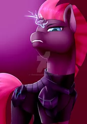 Size: 1024x1453 | Tagged: safe, artist:yinsenshi, banned from derpibooru, deleted from derpibooru, derpibooru import, tempest shadow, pony, unicorn, my little pony: the movie, armor, broken horn, edgehorse, female, horn, mare, sneer, solo, sparking horn, watermark