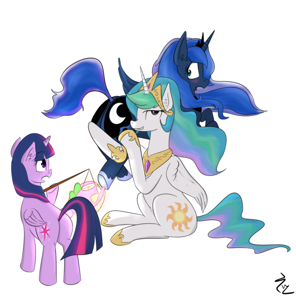 Size: 2700x2700 | Tagged: safe, artist:yinglongfujun, banned from derpibooru, deleted from derpibooru, derpibooru import, princess celestia, princess luna, spike, twilight sparkle, alicorn, fish, puffer fish, my little pony: the movie, anatomically incorrect, blushing, butt, incorrect leg anatomy, lantern, mid-autumn festival, plot, simple background, smiling, smirk, species swap, spike the pufferfish, transparent background, twilight sparkle (alicorn)