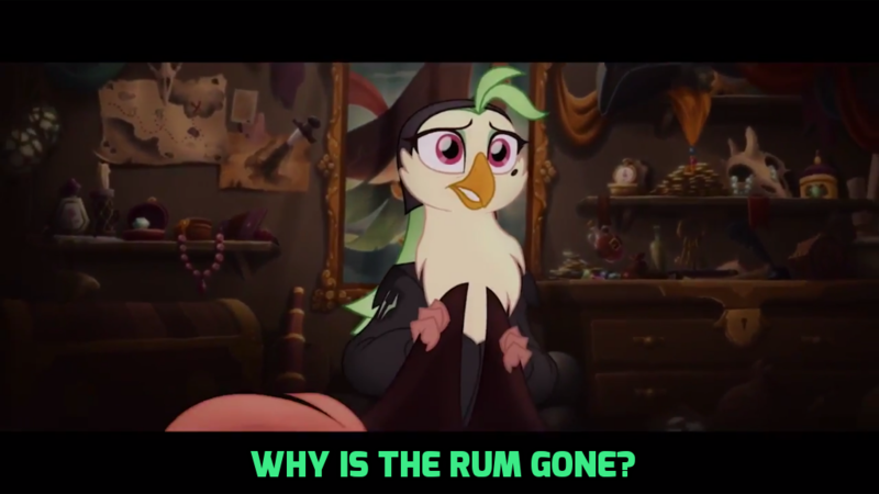 Size: 1024x576 | Tagged: safe, banned from derpibooru, deleted from derpibooru, derpibooru import, edit, edited screencap, screencap, captain celaeno, my little pony: the movie, jack sparrow, map, pirates of the caribbean, storm king's messenger outfit, text edit, why is the rum gone