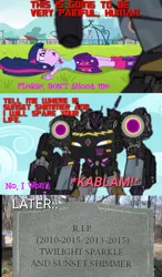 Size: 720x1234 | Tagged: safe, banned from derpibooru, deleted from derpibooru, derpibooru import, twilight sparkle, equestria girls, crossover, crystal prep academy, decepticon, gravestone, gunpoint, lying down, off screen death, rest in peace, scared, tarn, threat, transformers