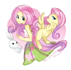 Size: 600x596 | Tagged: source needed, safe, artist:rinn11201, banned from derpibooru, deleted from derpibooru, derpibooru import, angel bunny, fluttershy, pony, equestria girls, clothes, cute, human ponidox, image, jpeg, pixiv, self ponidox, shyabetes, skirt, solo, square crossover