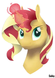 Size: 900x1265 | Tagged: safe, artist:gabby-skies, banned from derpibooru, deleted from derpibooru, derpibooru import, sunset shimmer, bust, glowing horn, heart eyes, horn, portrait, signature, simple background, smiling, solo, transparent background, wingding eyes