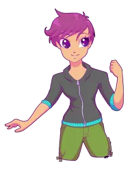 Size: 2550x3300 | Tagged: safe, artist:xxcommandershepardxx, banned from derpibooru, deleted from derpibooru, derpibooru import, scootaloo, human, equestria girls, clothes, female, hoodie, human coloration, humanized, shorts, simple background, smiling, solo, sweater, transparent background