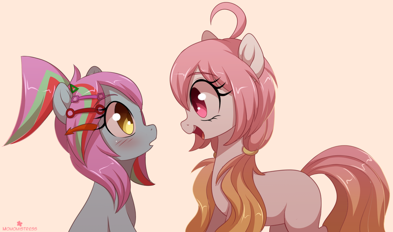 Size: 2720x1604 | Tagged: safe, alternate version, artist:verawitch, banned from derpibooru, deleted from derpibooru, derpibooru import, oc, oc:rhythm glitch, oc:sakura sunrise, unofficial characters only, cute, female, lesbian, looking at each other, mare, ocbetes, oc x oc, shipping, simple background, smiling