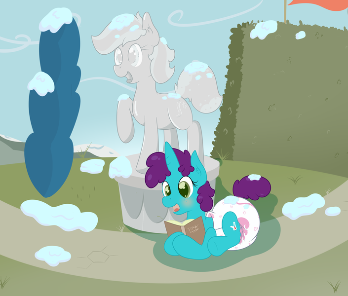 Size: 3511x2988 | Tagged: questionable, artist:vitriolink, banned from derpibooru, deleted from derpibooru, derpibooru import, oc, oc:snow frost, oc:vitriol ink, unofficial characters only, book, diaper, diaper fetish, fetish, poofy diaper, snow, statue