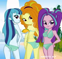 Size: 915x873 | Tagged: suggestive, artist:danielitamlp, banned from derpibooru, deleted from derpibooru, derpibooru import, adagio dazzle, aria blaze, sonata dusk, equestria girls, ass, beach, bikini, breasts, butt, cleavage, clothes, female, females only, green swimsuit, grin, pose, smiling, smirk, swimsuit, trio, trio female, watermark