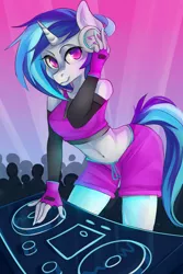 Size: 2000x3000 | Tagged: safe, artist:crystalfilth, banned from derpibooru, deleted from derpibooru, derpibooru import, vinyl scratch, anthro, unicorn, clothes, crowd, female, headphones, image, jpeg, smiling, solo focus