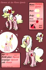 Size: 1000x1500 | Tagged: safe, artist:euspuche, banned from derpibooru, deleted from derpibooru, derpibooru import, oc, oc:carmen garcía, unofficial characters only, earth pony, pony, female, flower, flower in hair, information, reference sheet, sheet