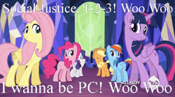 Size: 1266x706 | Tagged: safe, banned from derpibooru, deleted from derpibooru, derpibooru import, edit, edited screencap, screencap, applejack, fluttershy, pinkie pie, rainbow dash, rarity, twilight sparkle, twilight sparkle (alicorn), alicorn, pony, twilight's kingdom, all new, animated, blinking, bouncing, caption, dancing, female, hub logo, image macro, let the rainbow remind you, looking at you, mane six, mare, meme, singing, smiling, social justice warrior, south park, text